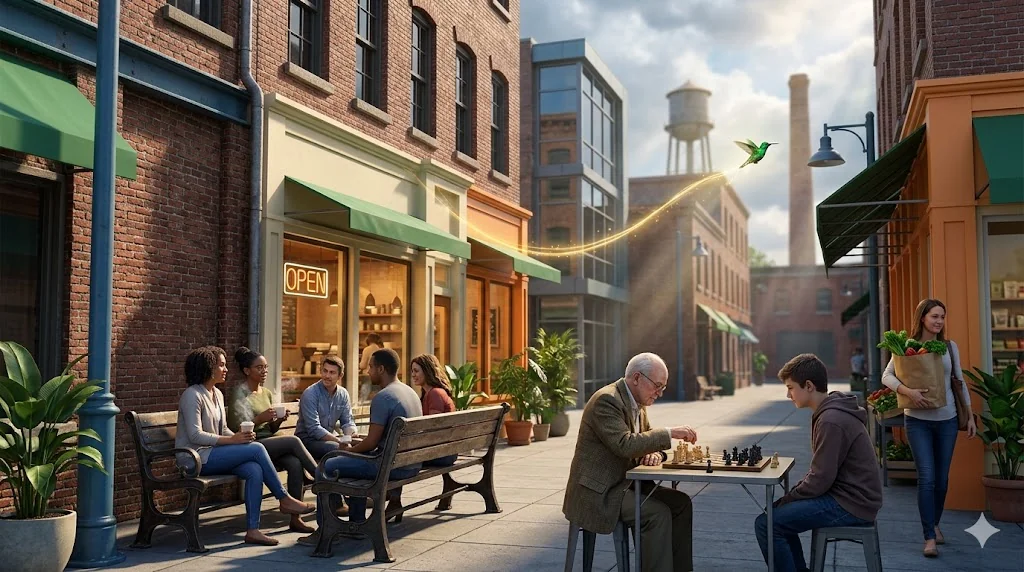 Vibrant main street at golden hour with emerald hummingbird