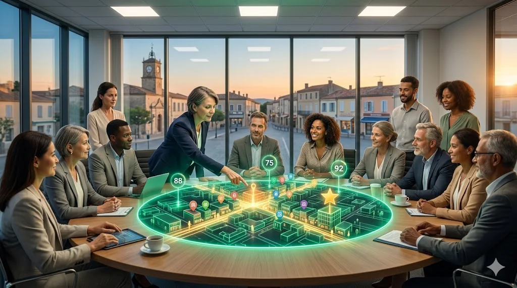 City hall meeting room with holographic downtown map