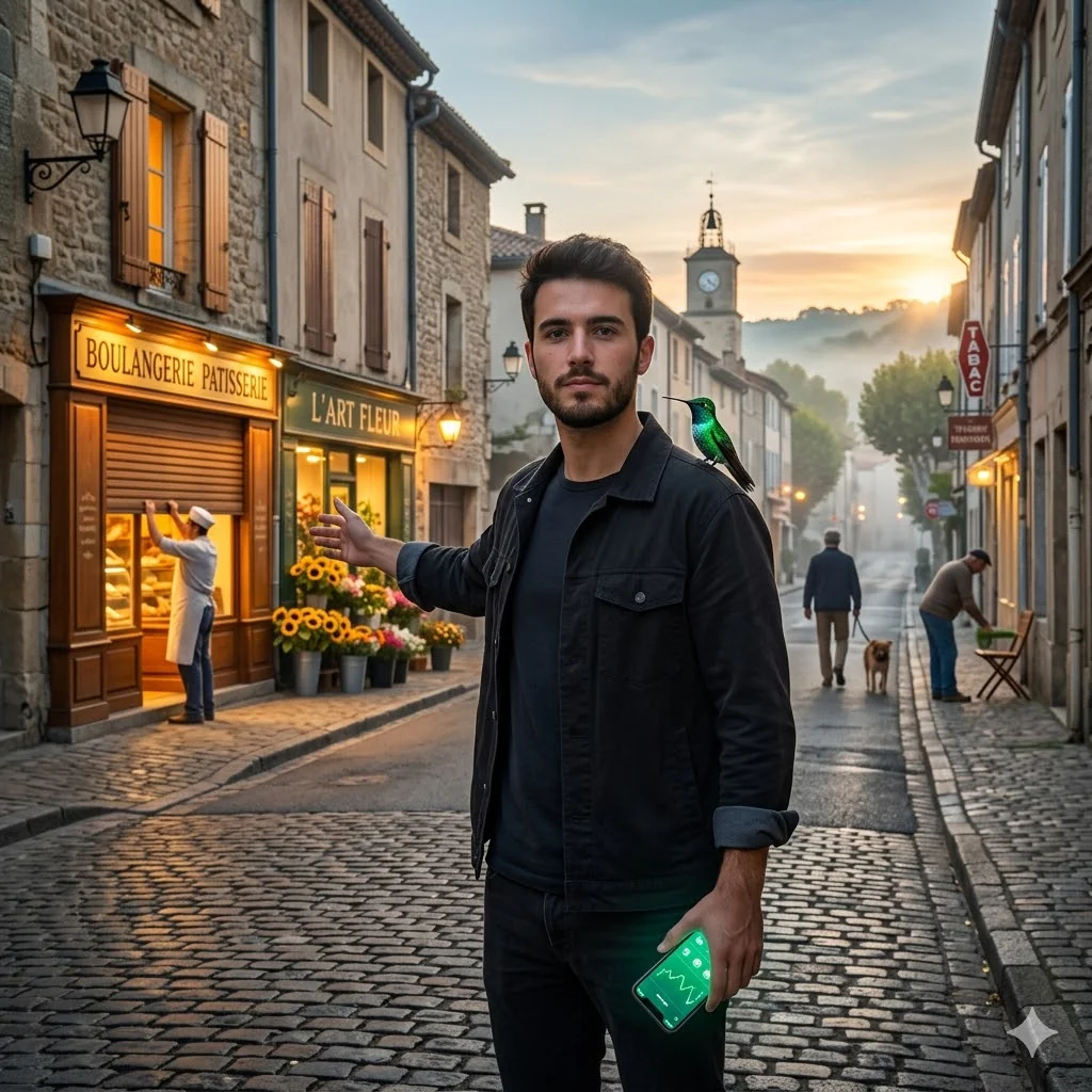 Fondateur determine a l'aube sur une rue commercante francaise