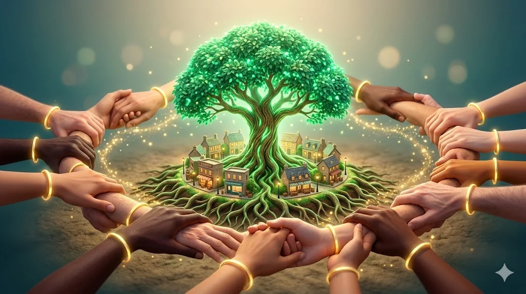Cercle de mains diversifiees soutenant un arbre emeraude du mutualisme