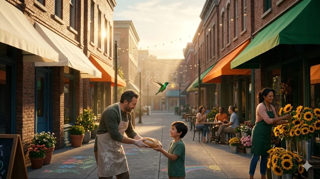 Calle comercial vibrante al atardecer con un colibri esmeralda