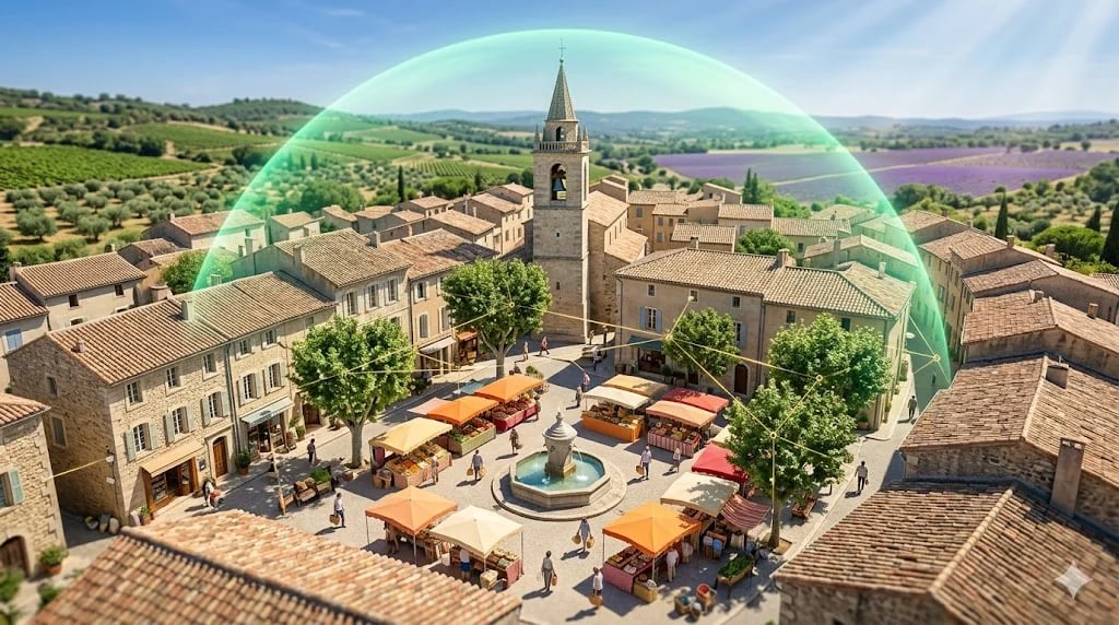 Revitalized French town center under a protective emerald dome