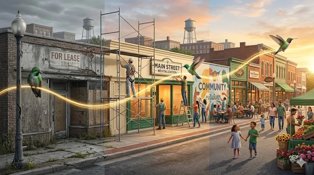 American main street transforming from past to future with golden hummingbird