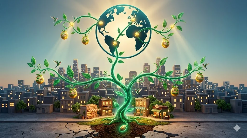 Emerald growth vine rising from urban sidewalk to the globe