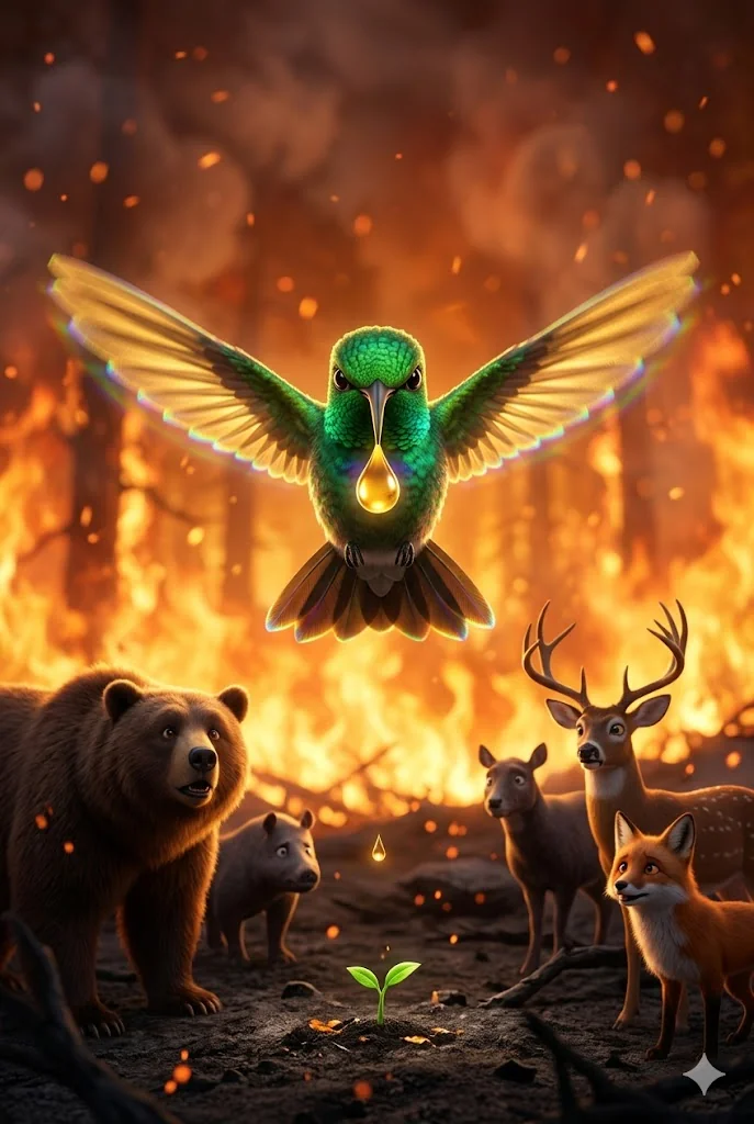 Colibri emeraude portant une goutte doree vers un incendie de forêt