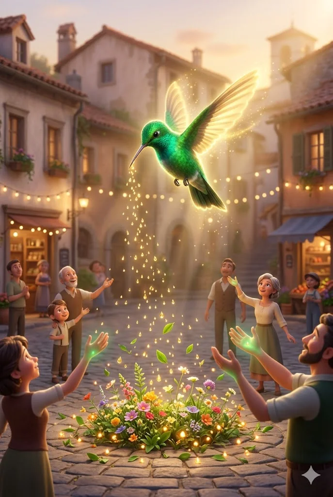 Colibri radieux liberant une pluie doree sur une place de village
