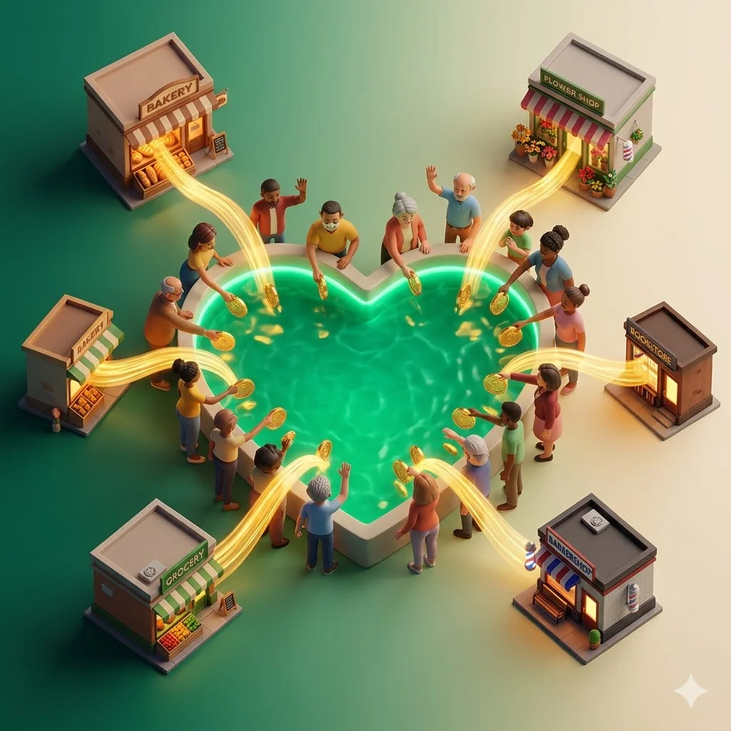 Heart-shaped emerald community pool connecting five neighborhood shops