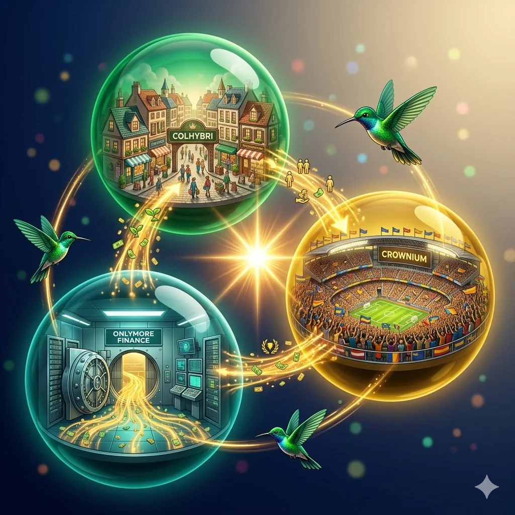 Three interconnected spheres: COLHYBRI, CROWNIUM, ONLYMORE FINANCE